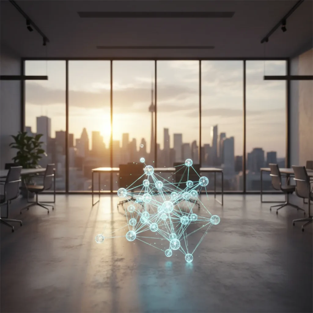 Abstract AI neural network in a modern Toronto office, symbolizing professional AI consulting services.