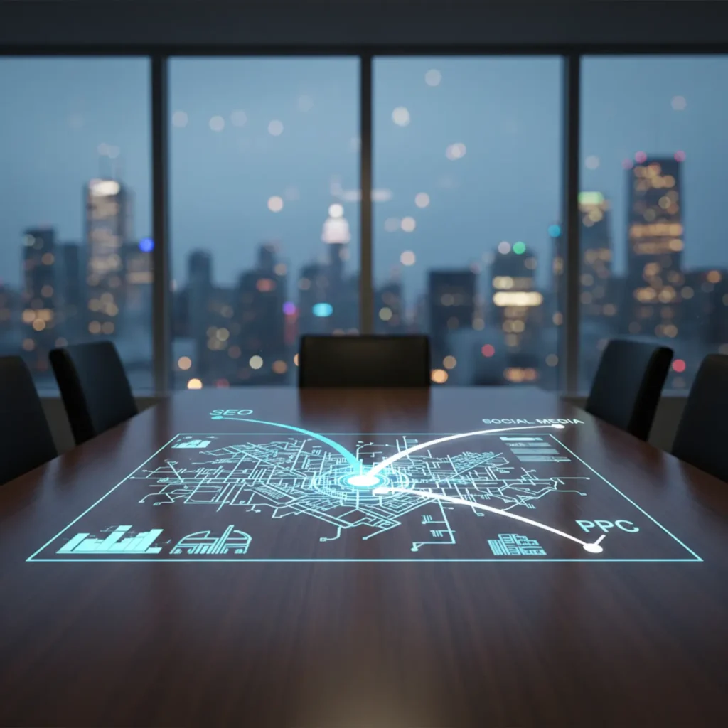 A strategic digital map of Toronto showing different Toronto marketing channels like SEO and PPC.