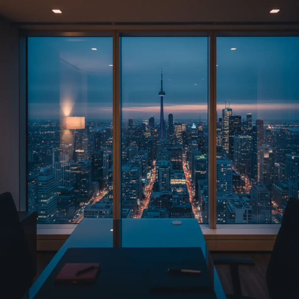 The Toronto skyline viewed from a modern office, symbolizing a guide to digital solutions ROI for local businesses.